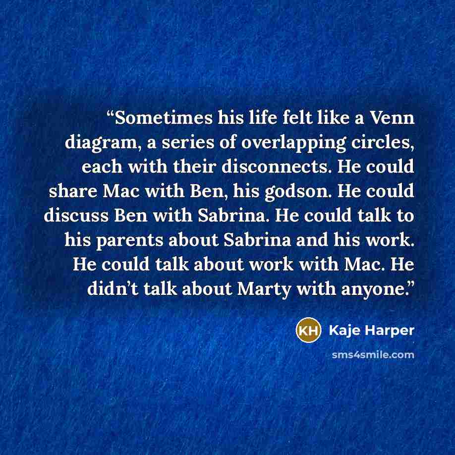 “Sometimes his life felt like a Venn diagram, a series of overlapping circles, each with their disconnects. He could share Mac with Ben, his godson. He could discuss Ben with Sabrina. He could talk to his parents about Sabrina and his work. He could talk about work with Mac. He didn’t talk about…” quote by Kaje Harper