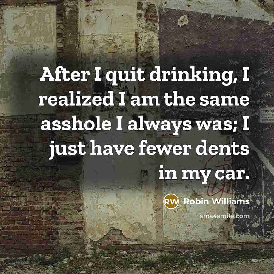 “After I quit drinking, I realized I am the same asshole I always was; I just have fewer dents in my car.” quote by Robin Williams