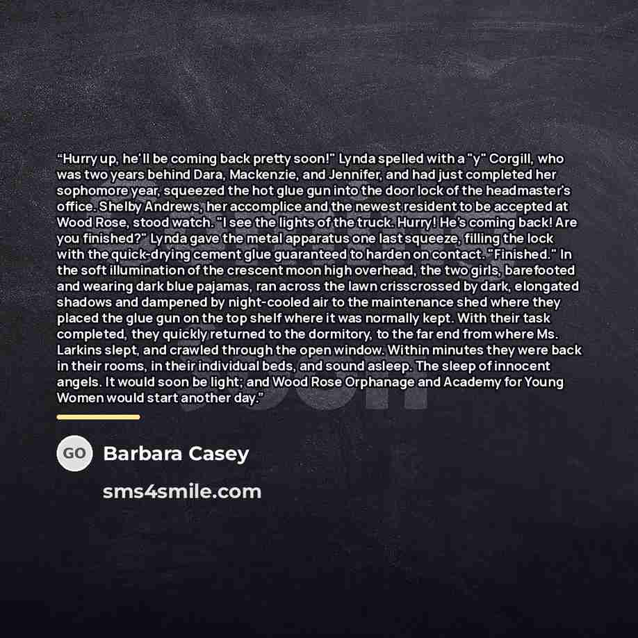 “Hurry up, he'll be coming back pretty soon!" Lynda spelled with a "y" Corgill, who was two years behind Dara, Mackenzie, and Jennifer, and had just completed her sophomore year, squeezed the hot glue gun into the door lock of the headmaster's office. Shelby Andrews, her accomplice and the newest…” quote by Barbara Casey