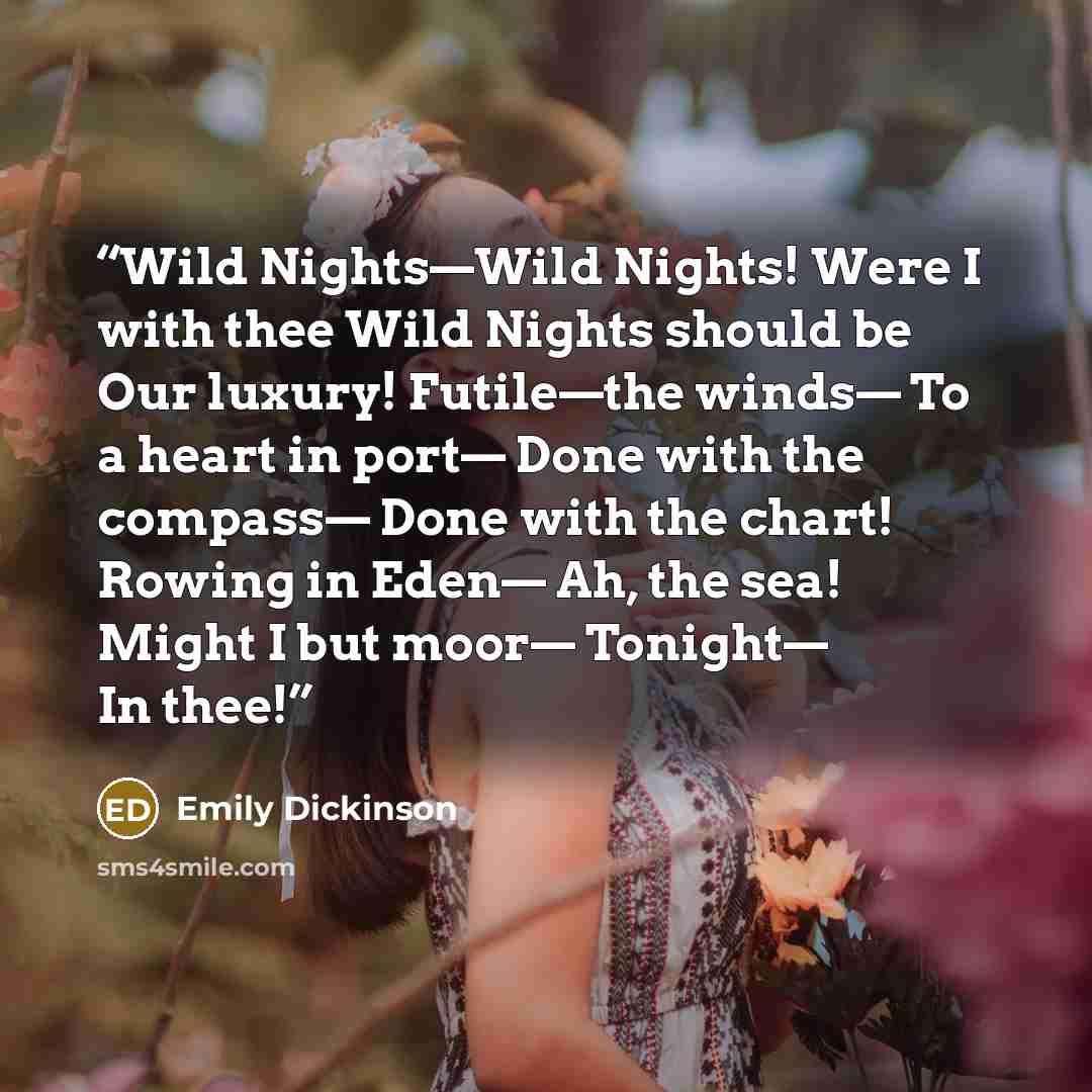 “Wild Nights—Wild Nights! Were I with thee Wild Nights should be Our luxury! Futile—the winds— To a heart in port— Done with the compass— Done with the chart! Rowing in Eden— Ah, the sea! Might I but moor— Tonight— In thee!” quote by Emily Dickinson