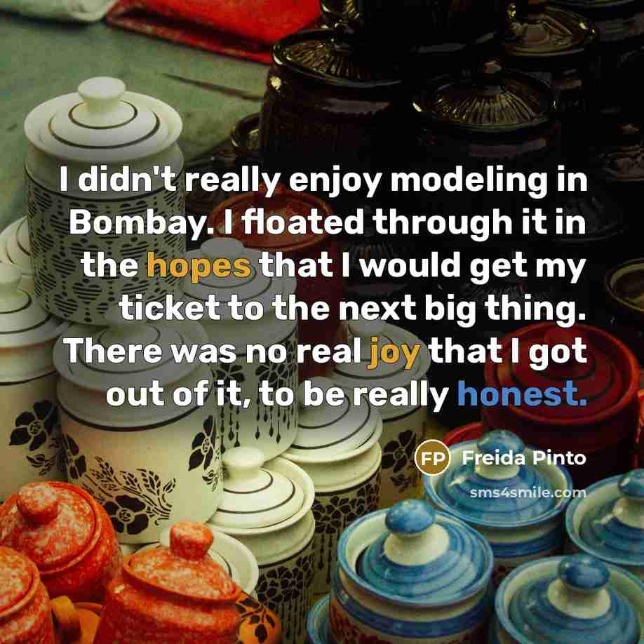 “I didn't really enjoy modeling in Bombay. I floated through it in the hopes that I would get my ticket to the next big thing. There was no real joy that I got out of it, to be really honest.” quote by Freida Pinto