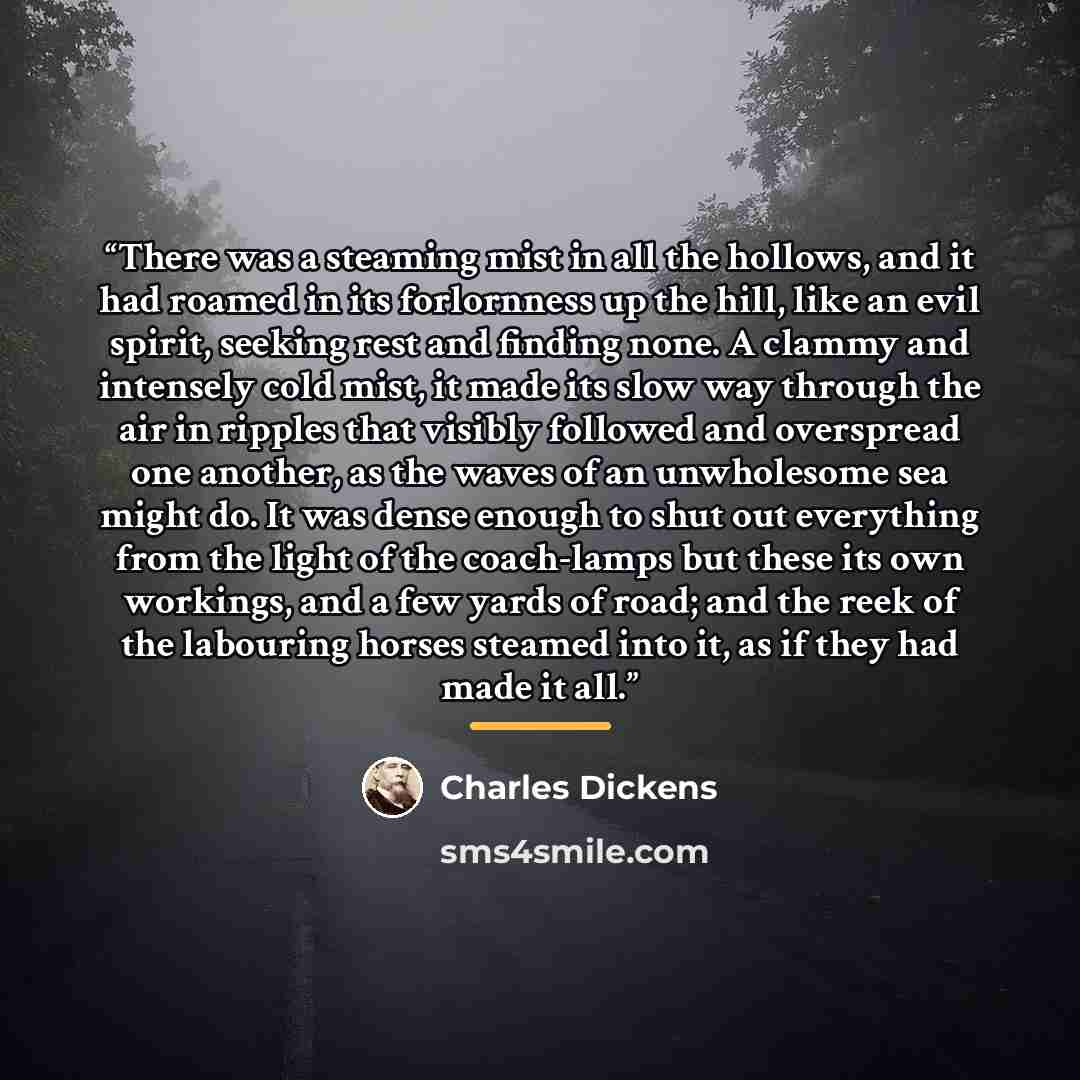“There was a steaming mist in all the hollows, and it had roamed in its forlornness up the hill, like an evil spirit, seeking rest and finding none. A clammy and intensely cold mist, it made its slow way through the air in ripples that visibly followed and overspread one another, as the waves of an…” quote by Charles Dickens