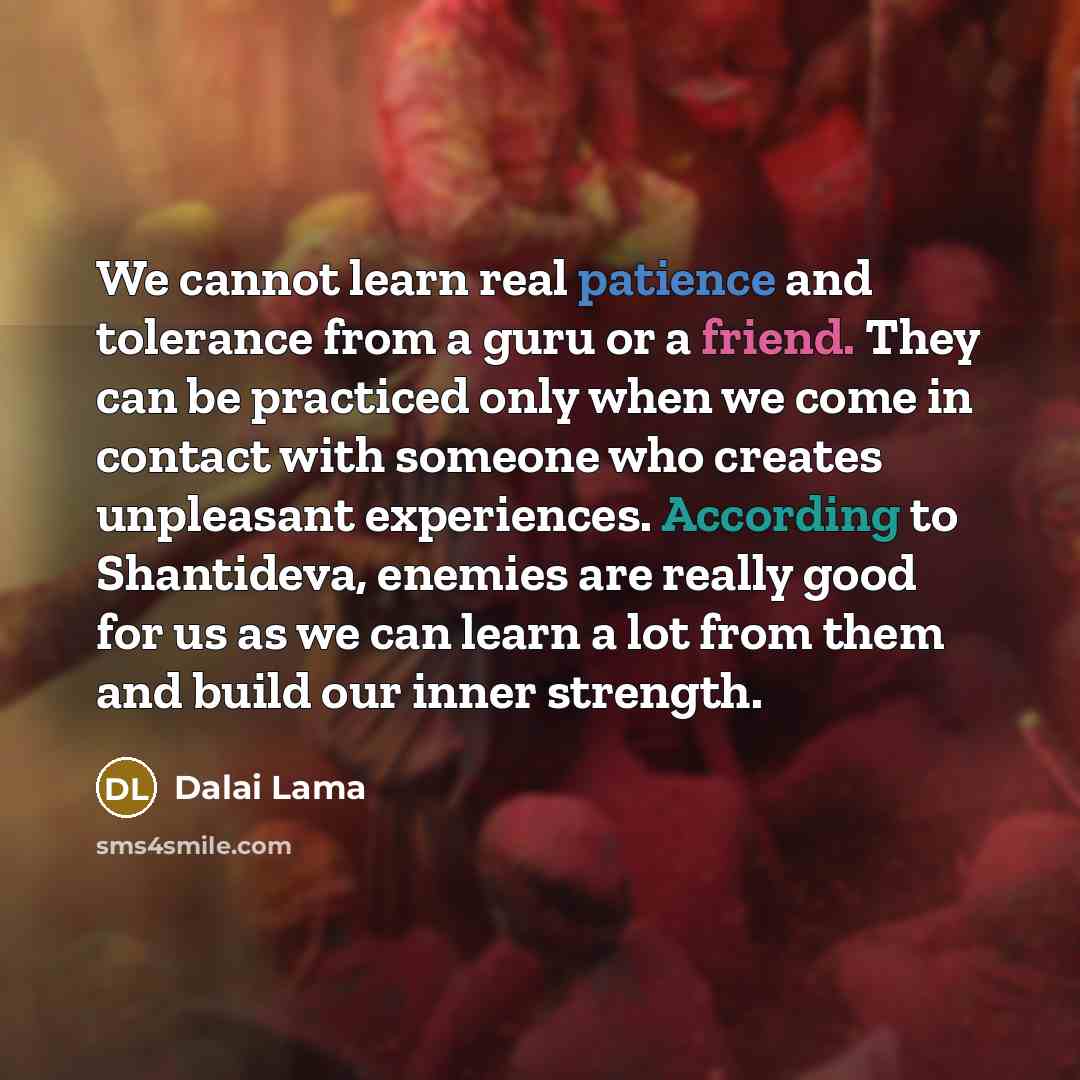 “We cannot learn real patience and tolerance from a guru or a friend. They can be practiced only when we come in contact with someone who creates unpleasant experiences. According to Shantideva, enemies are really good for us as we can learn a lot from them and build our inner strength.” quote by Dalai Lama