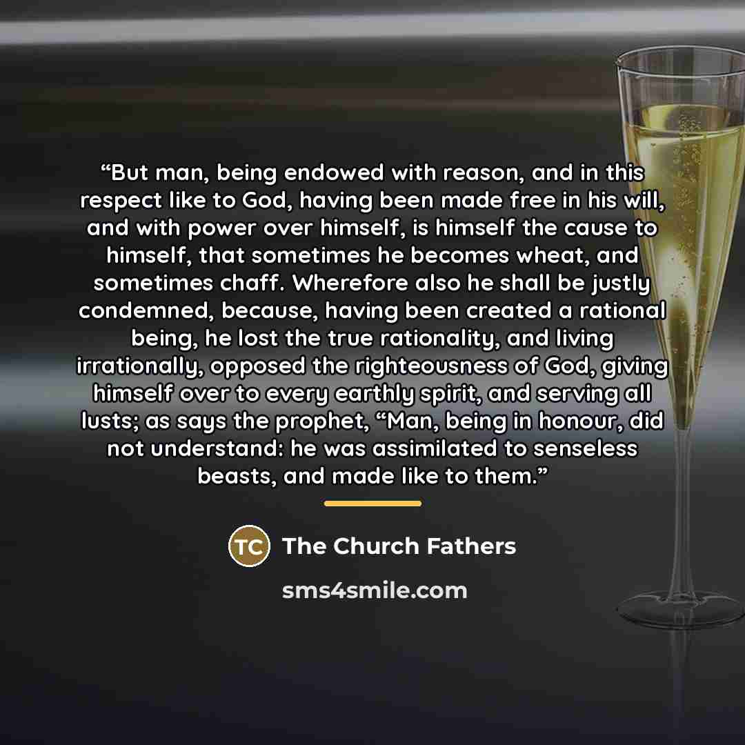 “But man, being endowed with reason, and in this respect like to God, having been made free in his will, and with power over himself, is himself the cause to himself, that sometimes he becomes wheat, and sometimes chaff. Wherefore also he shall be justly condemned, because, having been created a…” quote by The Church Fathers