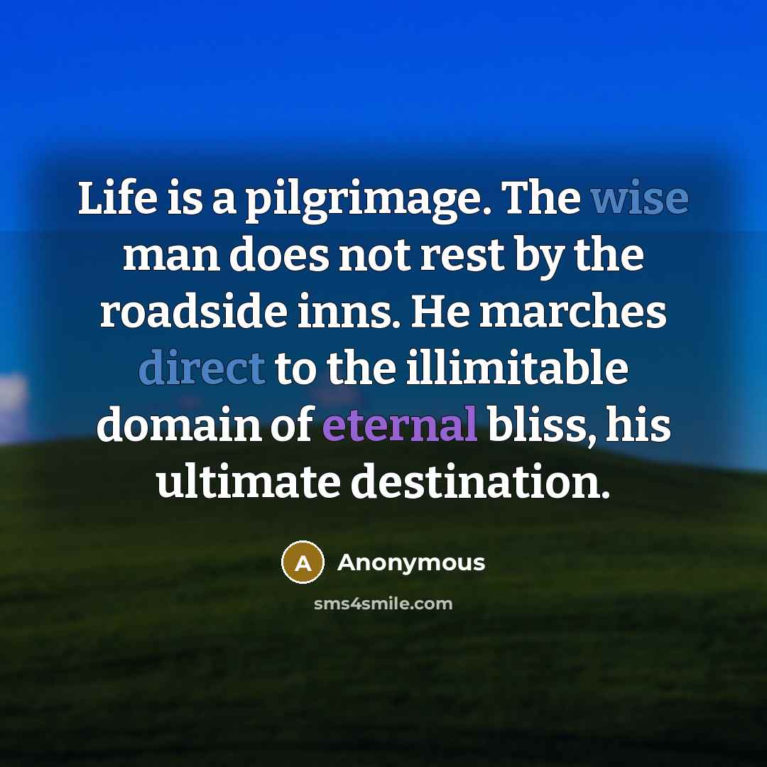 “Life is a pilgrimage. The wise man does not rest by the roadside inns. He marches direct to the illimitable domain of eternal bliss, his ultimate destination.” quote by Anonymous