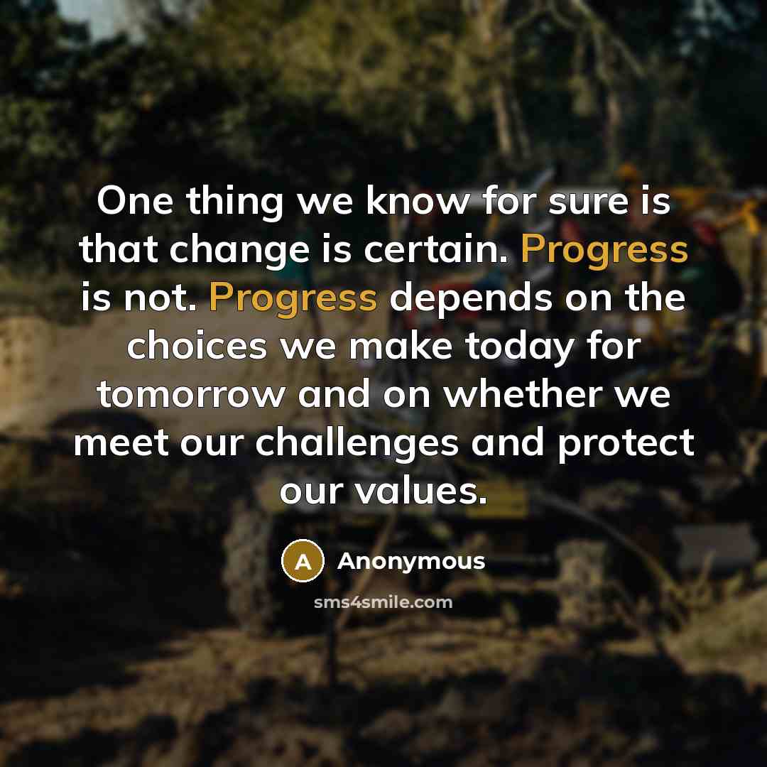 “One thing we know for sure is that change is certain. Progress is not. Progress depends on the choices we make today for tomorrow and on whether we meet our challenges and protect our values.” quote by Anonymous