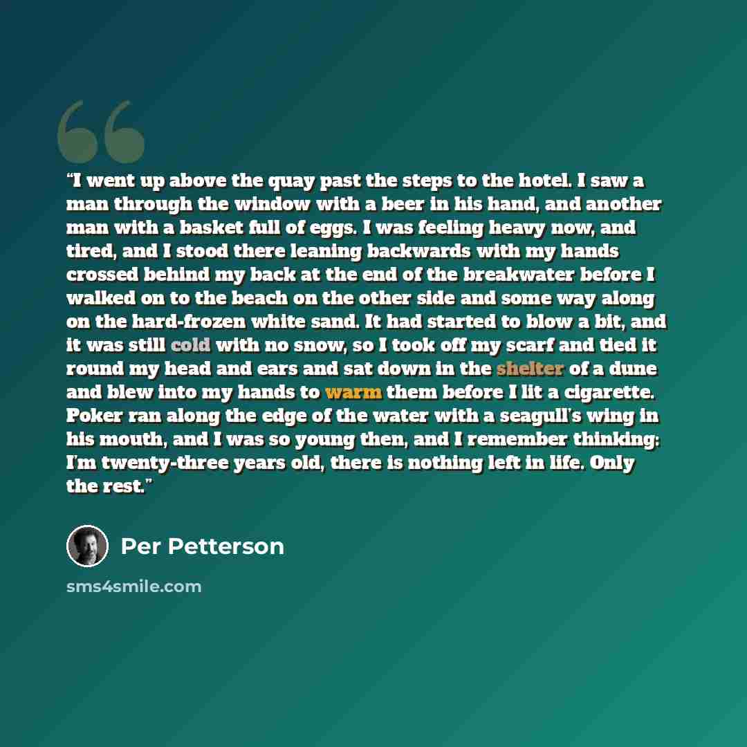 “I went up above the quay past the steps to the hotel. I saw a man through the window with a beer in his hand, and another man with a basket full of eggs. I was feeling heavy now, and tired, and I stood there leaning backwards with my hands crossed behind my back at the end of the breakwater before…” quote by Per Petterson