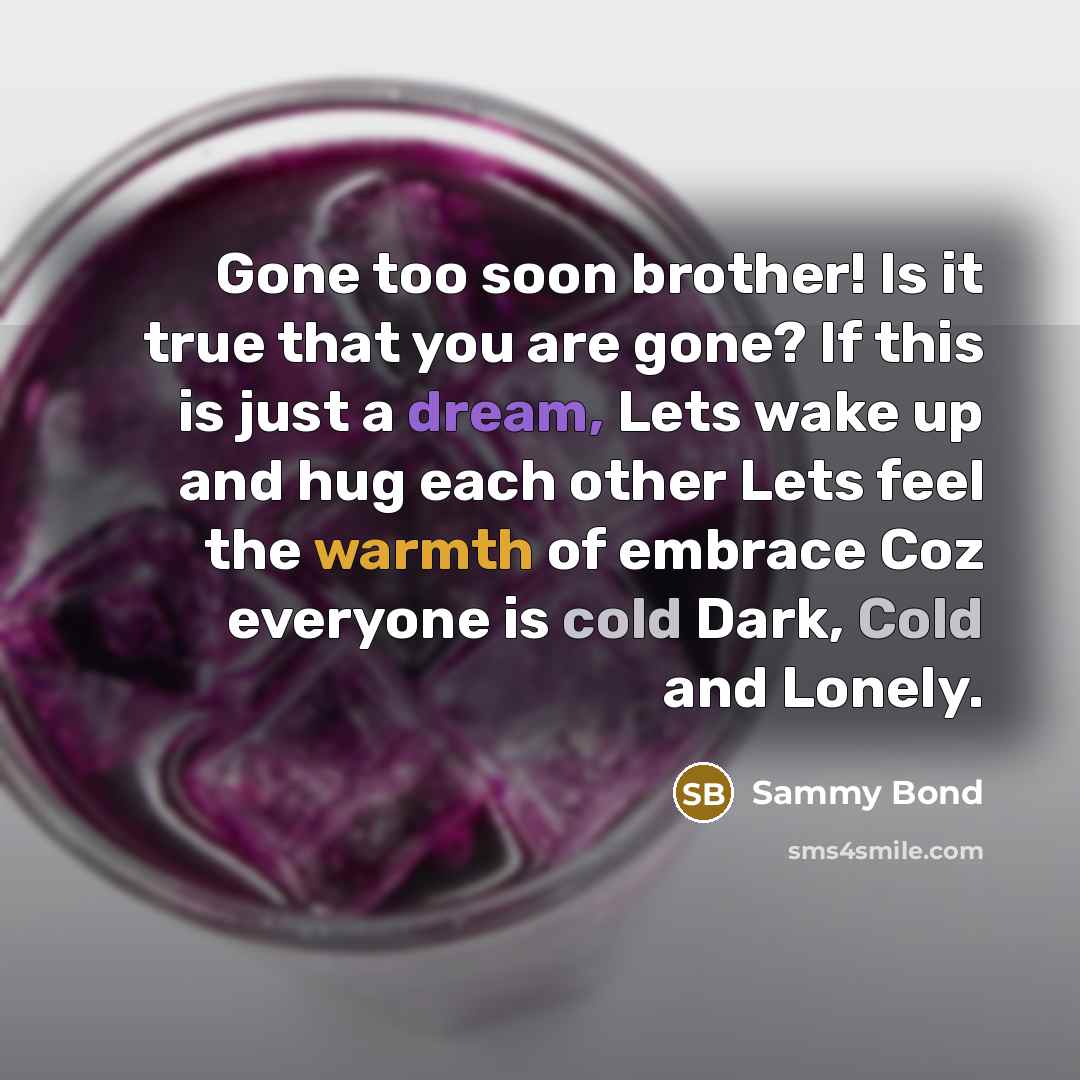 “Gone too soon brother! Is it true that you are gone? If this is just a dream, Lets wake up and hug each other Lets feel the warmth of embrace Coz everyone is cold Dark, Cold and Lonely.” quote by Sammy Bond