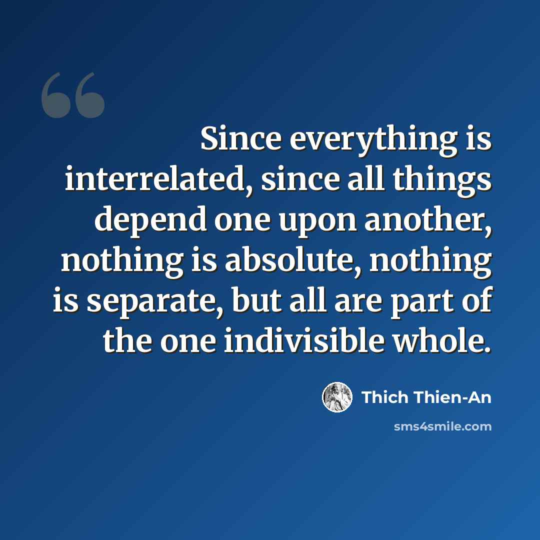 “Since everything is interrelated, since all things depend one upon another, nothing is absolute, nothing is separate, but all are part of the one indivisible whole.” quote by Thich Thien-An