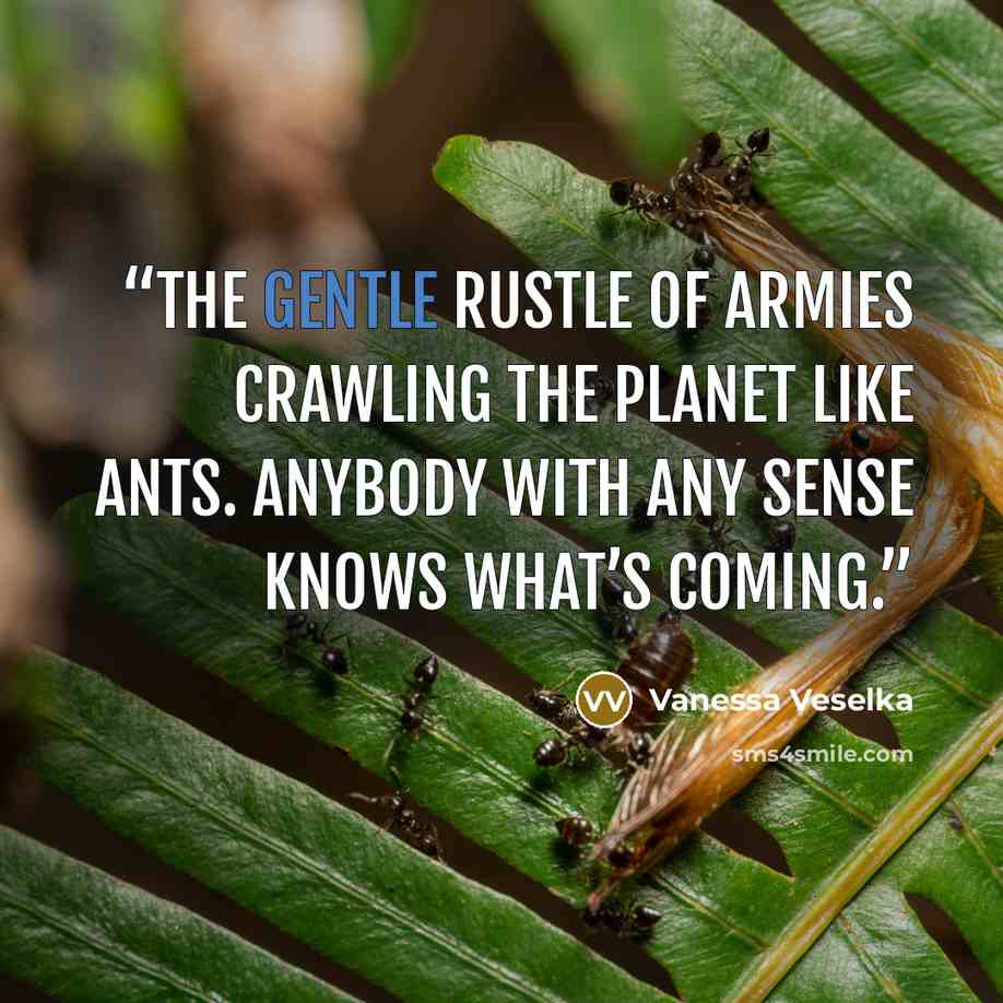“The gentle rustle of armies crawling the planet like ants. Anybody with any sense knows what’s coming.” quote by Vanessa Veselka