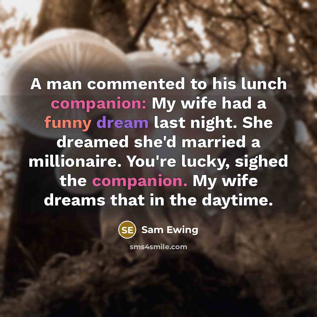“A man commented to his lunch companion: My wife had a funny dream last night. She dreamed she'd married a millionaire. You're lucky, sighed the companion. My wife dreams that in the daytime.” quote by Sam Ewing