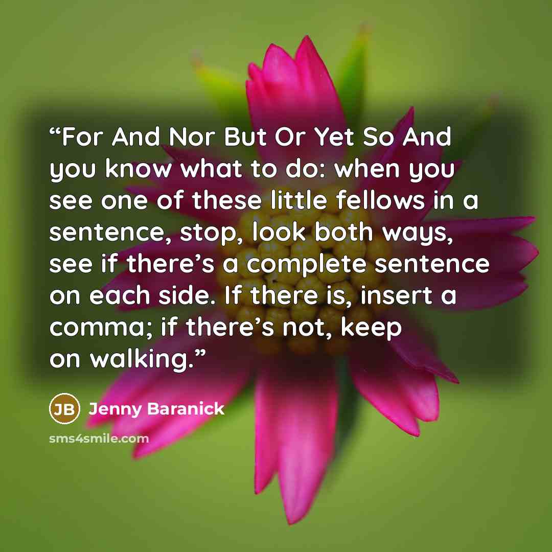 “For And Nor But Or Yet So And you know what to do: when you see one of these little fellows in a sentence, stop, look both ways, see if there’s a complete sentence on each side. If there is, insert a comma; if there’s not, keep on walking.” quote by Jenny Baranick