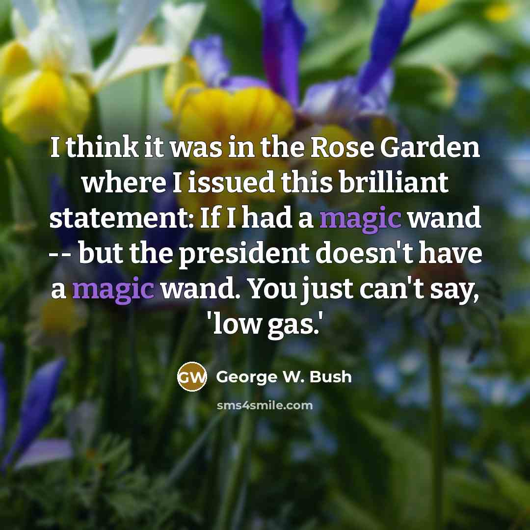 “I think it was in the Rose Garden where I issued this brilliant statement: If I had a magic wand -- but the president doesn't have a magic wand. You just can't say, 'low gas.'” quote by George W. Bush