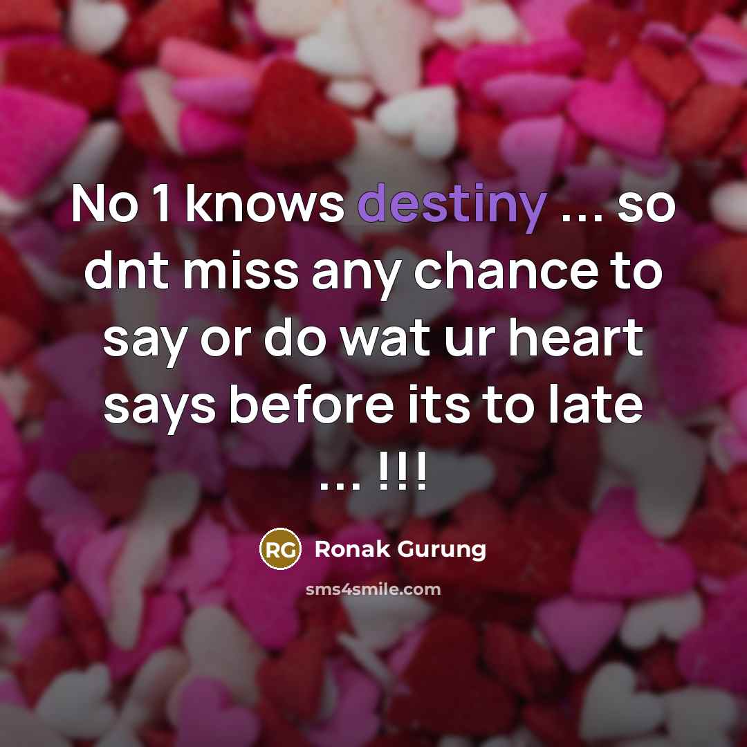 “No 1 knows destiny ... so dnt miss any chance to say or do wat ur heart says before its to late ... !!!” quote by Ronak Gurung