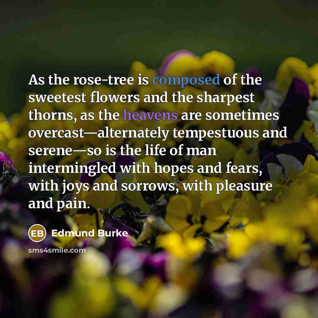 “As the rose-tree is composed of the sweetest flowers and the sharpest thorns, as the heavens are sometimes overcast—alternately tempestuous and serene—so is the life of man intermingled with hopes and fears, with joys and sorrows, with pleasure and pain.” quote by Edmund Burke