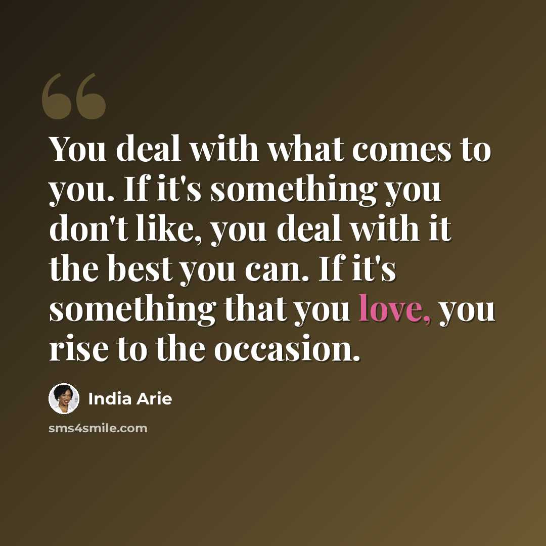“You deal with what comes to you. If it's something you don't like, you deal with it the best you can. If it's something that you love, you rise to the occasion.” quote by India Arie