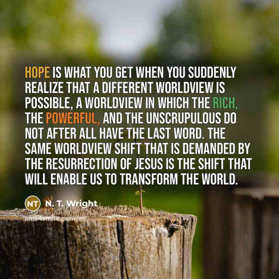 “Hope is what you get when you suddenly realize that a different worldview is possible, a worldview in which the rich, the powerful, and the unscrupulous do not after all have the last word. The same worldview shift that is demanded by the resurrection of Jesus is the shift that will enable us to…” quote by N. T. Wright
