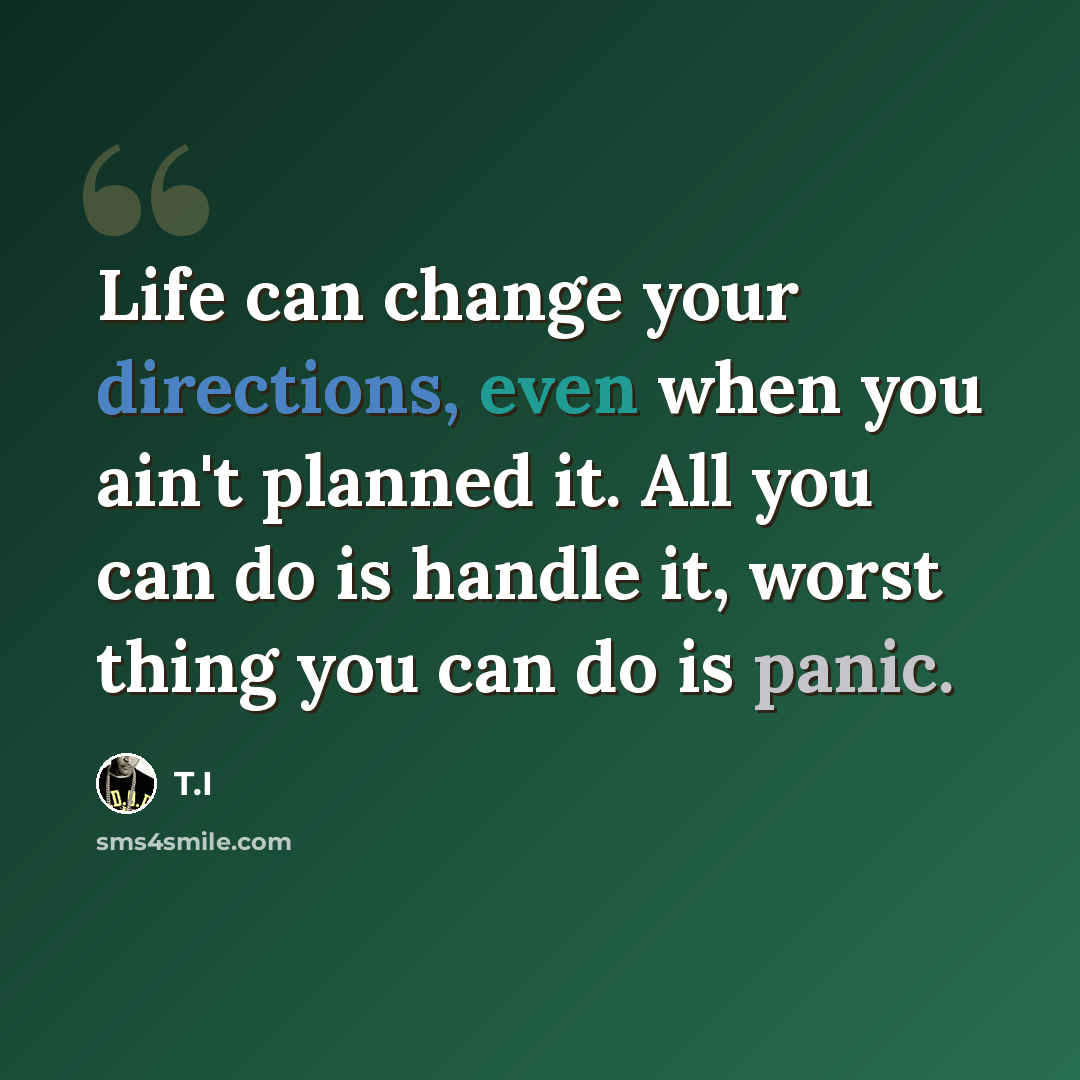 “Life can change your directions, even when you ain't planned it. All you can do is handle it, worst thing you can do is panic.” quote by T.I