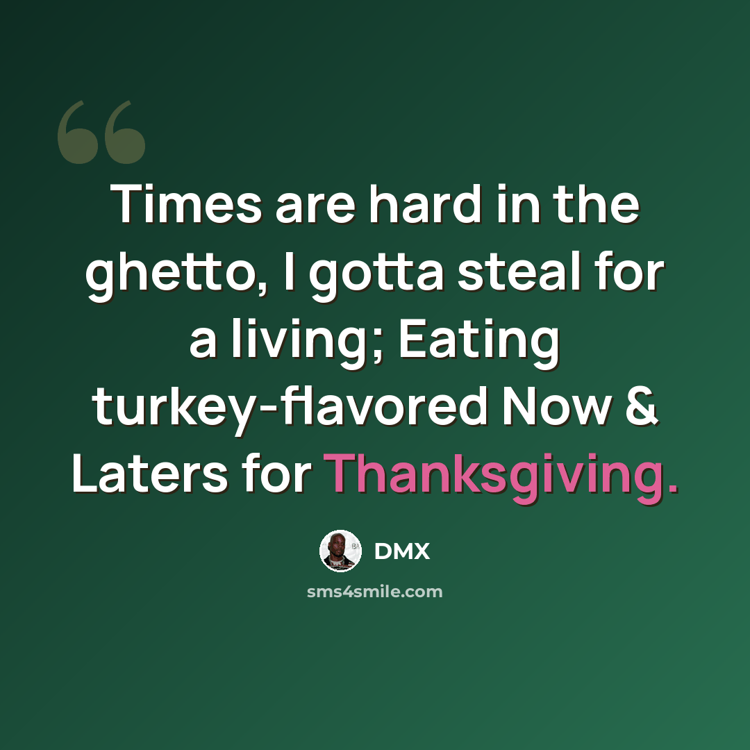 “Times are hard in the ghetto, I gotta steal for a living; Eating turkey-flavored Now & Laters for Thanksgiving.” quote by DMX