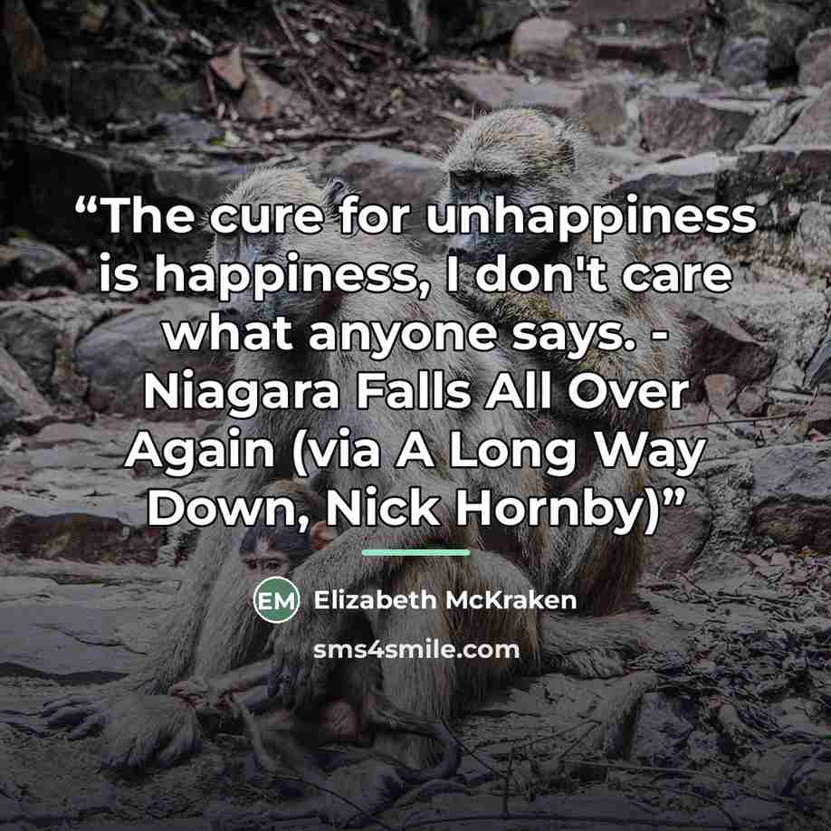 “The cure for unhappiness is happiness, I don't care what anyone says. - Niagara Falls All Over Again (via A Long Way Down, Nick Hornby)” quote by Elizabeth McKraken