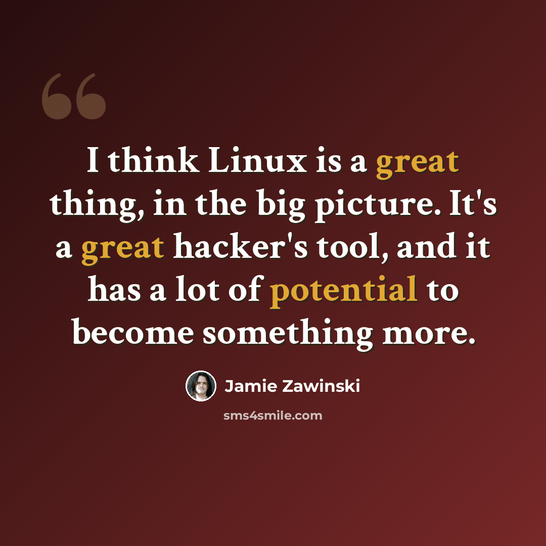 “I think Linux is a great thing, in the big picture. It's a great hacker's tool, and it has a lot of potential to become something more.” quote by Jamie Zawinski