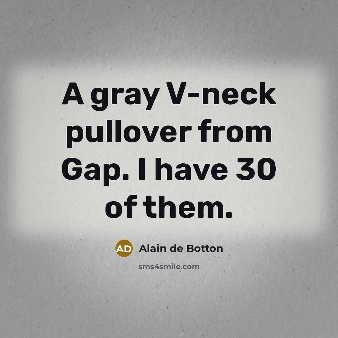 “A gray V-neck pullover from Gap. I have 30 of them.” quote by Alain de Botton