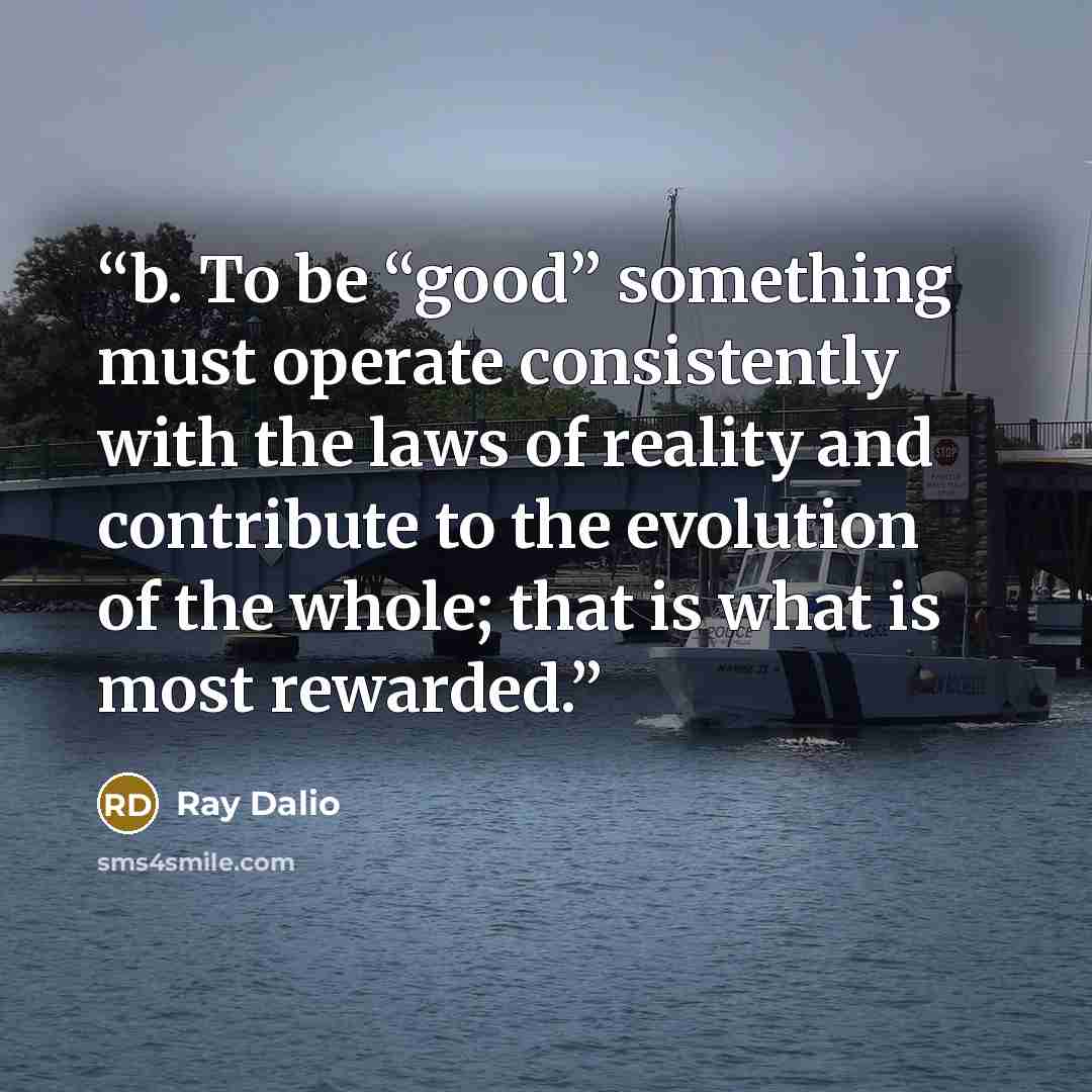 “b. To be “good” something must operate consistently with the laws of reality and contribute to the evolution of the whole; that is what is most rewarded.” quote by Ray Dalio