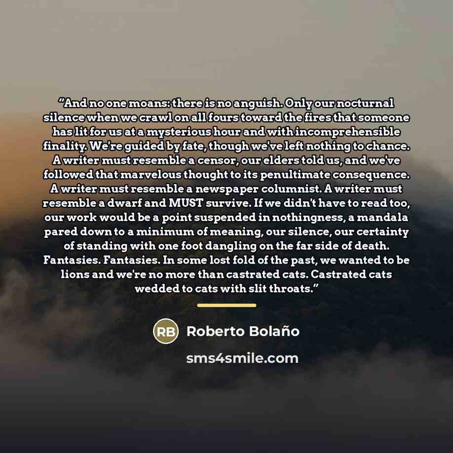 “And no one moans: there is no anguish. Only our nocturnal silence when we crawl on all fours toward the fires that someone has lit for us at a mysterious hour and with incomprehensible finality. We're guided by fate, though we've left nothing to chance. A writer must resemble a censor, our elders…” quote by Roberto Bolaño