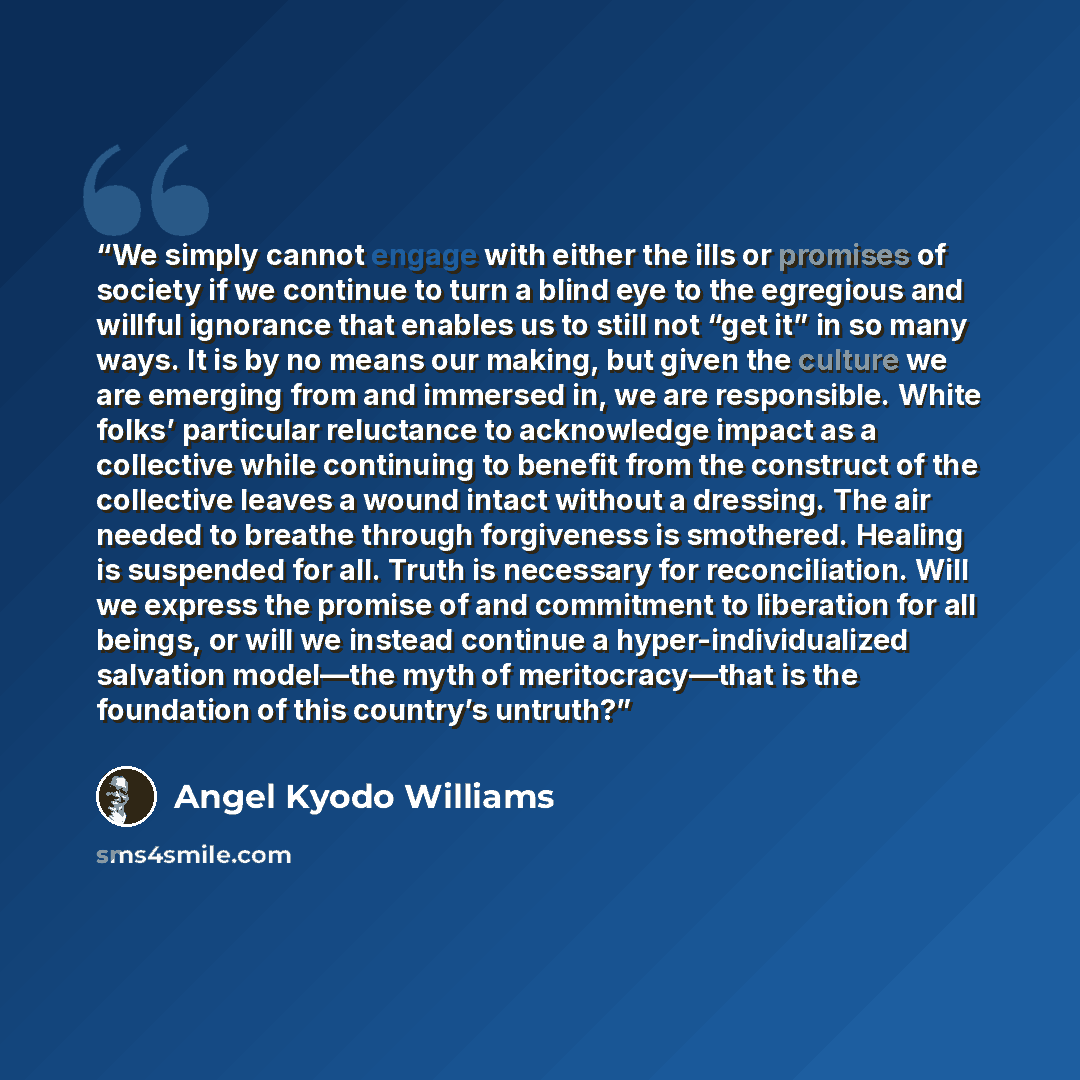 “We simply cannot engage with either the ills or promises of society if we continue to turn a blind eye to the egregious and willful ignorance that enables us to still not “get it” in so many ways. It is by no means our making, but given the culture we are emerging from and immersed in, we are…” quote by Angel Kyodo Williams