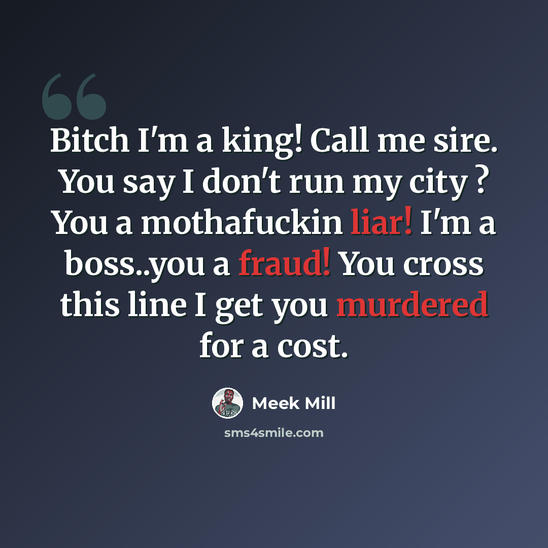 “Bitch I'm a king! Call me sire. You say I don't run my city ? You a mothafuckin liar! I'm a boss..you a fraud! You cross this line I get you murdered for a cost.” quote by Meek Mill