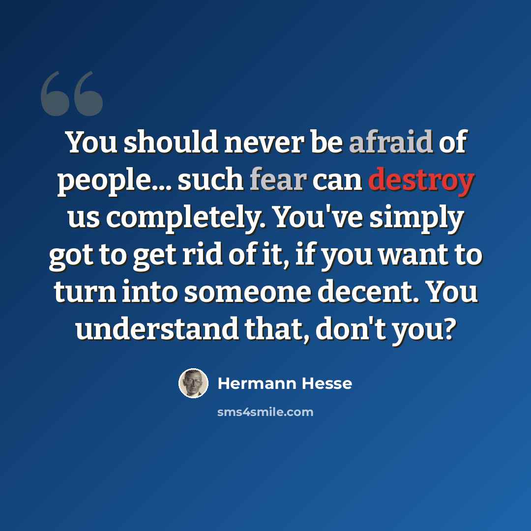 “You should never be afraid of people... such fear can destroy us completely. You've simply got to get rid of it, if you want to turn into someone decent. You understand that, don't you?” quote by Hermann Hesse