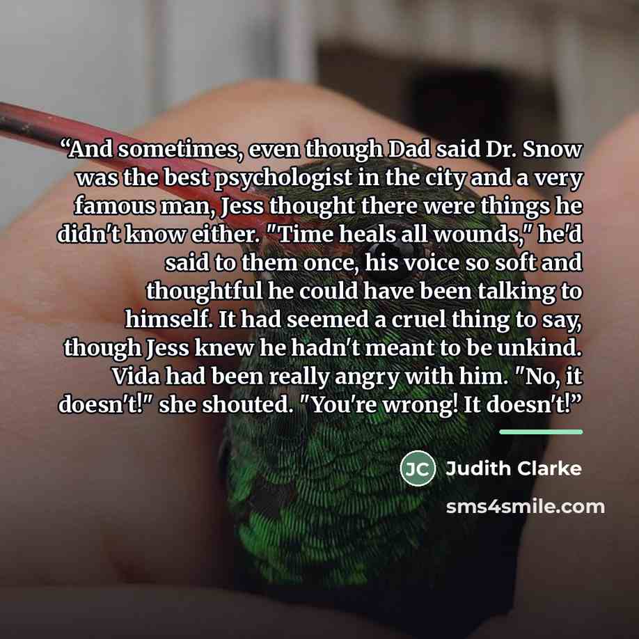 “And sometimes, even though Dad said Dr. Snow was the best psychologist in the city and a very famous man, Jess thought there were things he didn't know either. "Time heals all wounds," he'd said to them once, his voice so soft and thoughtful he could have been talking to himself. It had seemed a…” quote by Judith Clarke