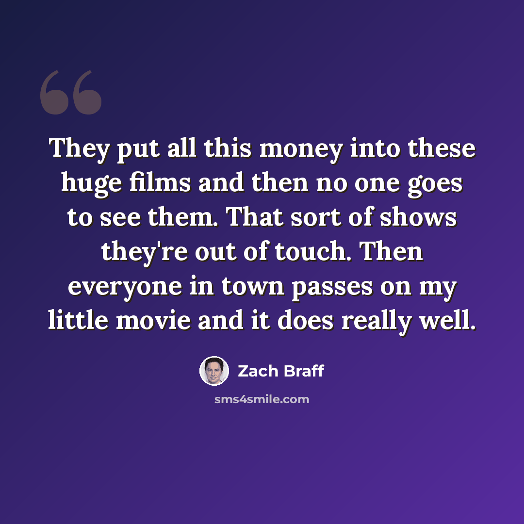 “They put all this money into these huge films and then no one goes to see them. That sort of shows they're out of touch. Then everyone in town passes on my little movie and it does really well.” quote by Zach Braff