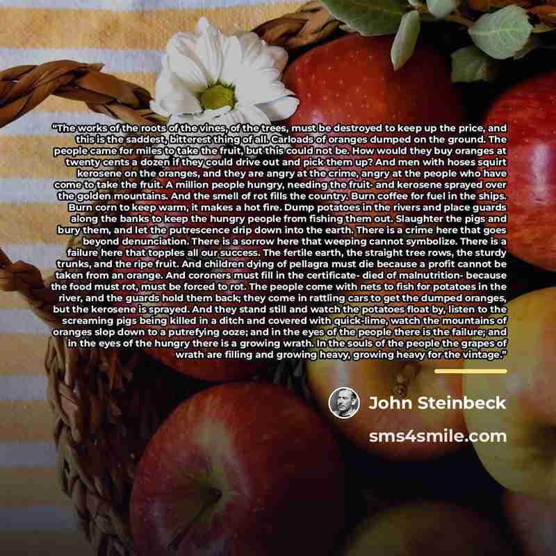 “The works of the roots of the vines, of the trees, must be destroyed to keep up the price, and this is the saddest, bitterest thing of all. Carloads of oranges dumped on the ground. The people came for miles to take the fruit, but this could not be. How would they buy oranges at twenty cents a…” quote by John Steinbeck