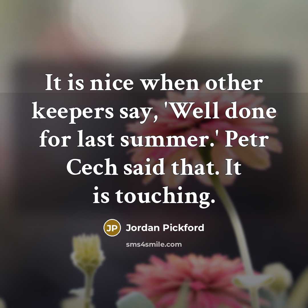 “It is nice when other keepers say, 'Well done for last summer.' Petr Cech said that. It is touching.” quote by Jordan Pickford