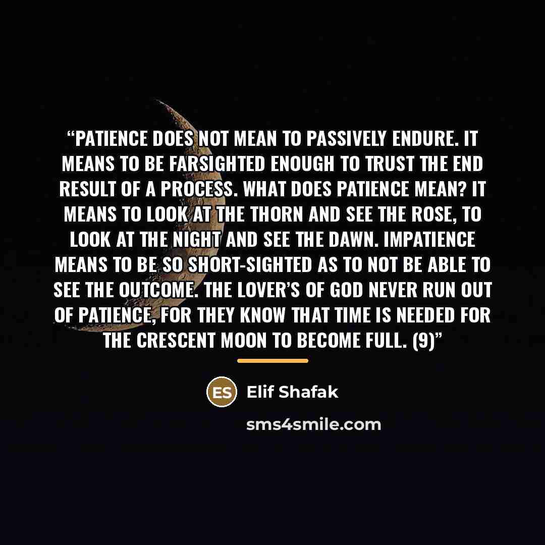 “Patience does not mean to passively endure. It means to be farsighted enough to trust the end result of a process. What does patience mean? It means to look at the thorn and see the rose, to look at the night and see the dawn. Impatience means to be so short-sighted as to not be able to see the…” quote by Elif Shafak