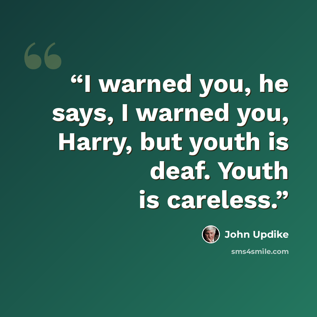 “I warned you, he says, I warned you, Harry, but youth is deaf. Youth is careless.” quote by John Updike