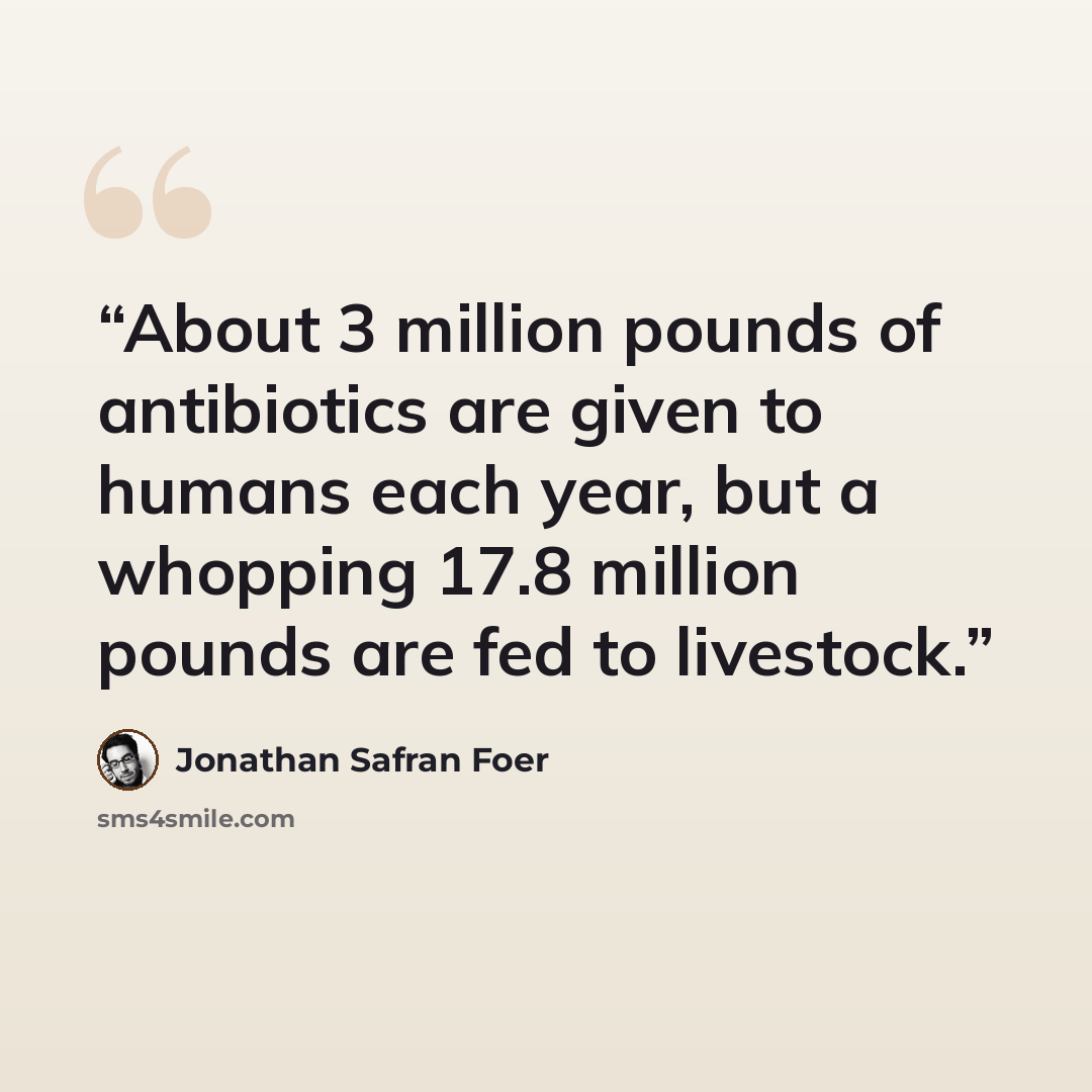 “About 3 million pounds of antibiotics are given to humans each year, but a whopping 17.8 million pounds are fed to livestock.” quote by Jonathan Safran Foer