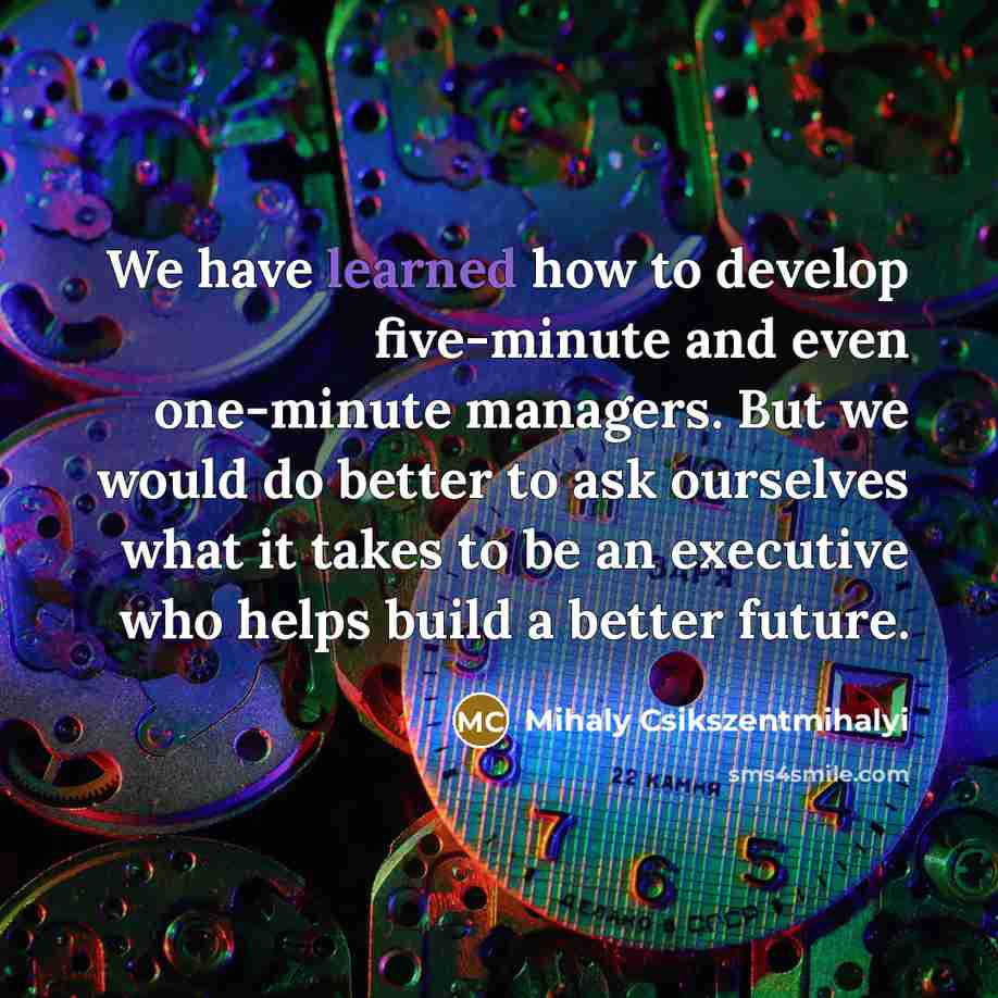 “We have learned how to develop five-minute and even one-minute managers. But we would do better to ask ourselves what it takes to be an executive who helps build a better future.” quote by Mihaly Csikszentmihalyi