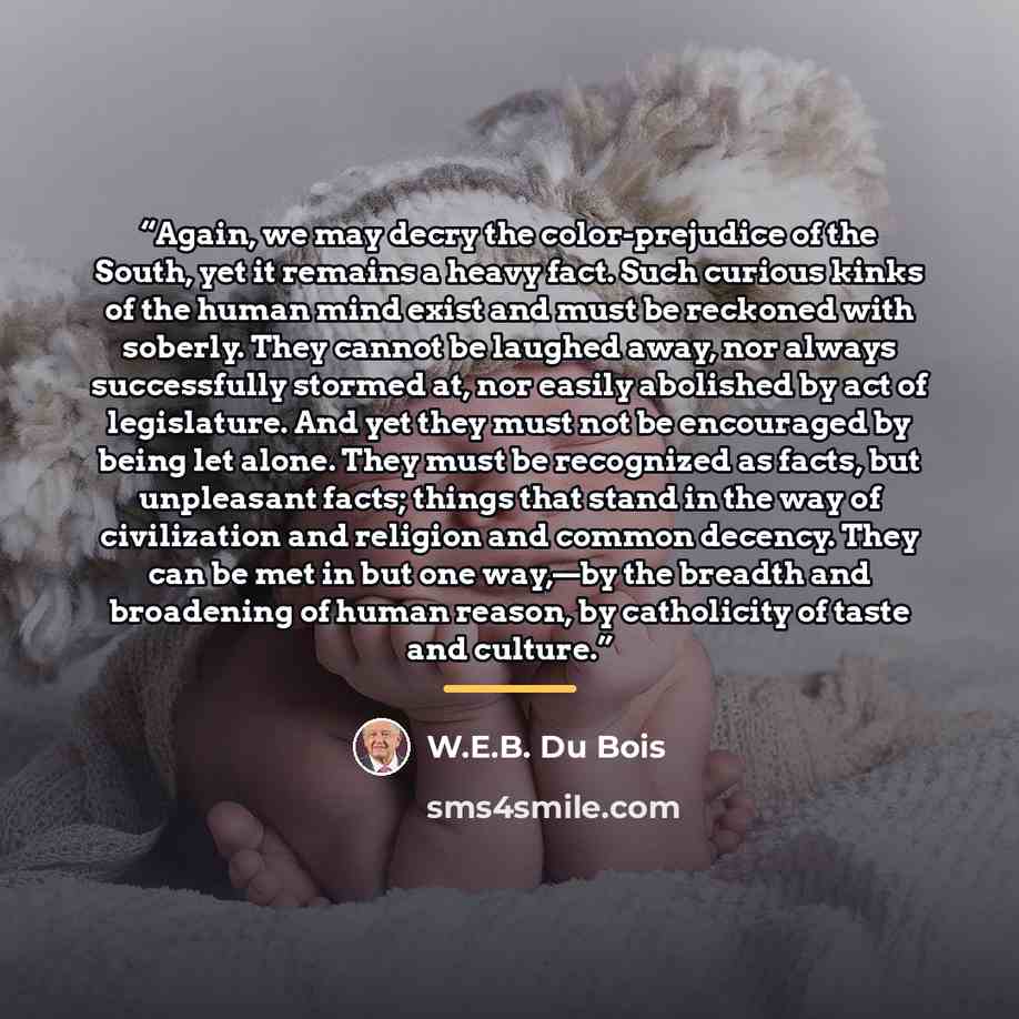 “Again, we may decry the color-prejudice of the South, yet it remains a heavy fact. Such curious kinks of the human mind exist and must be reckoned with soberly. They cannot be laughed away, nor always successfully stormed at, nor easily abolished by act of legislature. And yet they must not be…” quote by W.E.B. Du Bois