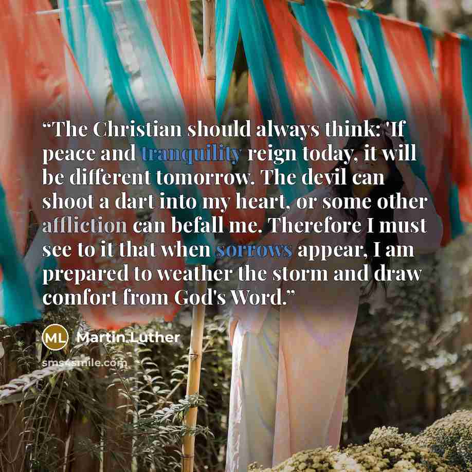 “The Christian should always think: 'If peace and tranquility reign today, it will be different tomorrow. The devil can shoot a dart into my heart, or some other affliction can befall me. Therefore I must see to it that when sorrows appear, I am prepared to weather the storm and draw comfort from…” quote by Martin Luther