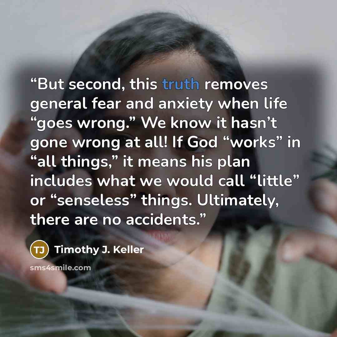 “But second, this truth removes general fear and anxiety when life “goes wrong.” We know it hasn’t gone wrong at all! If God “works” in “all things,” it means his plan includes what we would call “little” or “senseless” things. Ultimately, there are no accidents.” quote by Timothy J. Keller