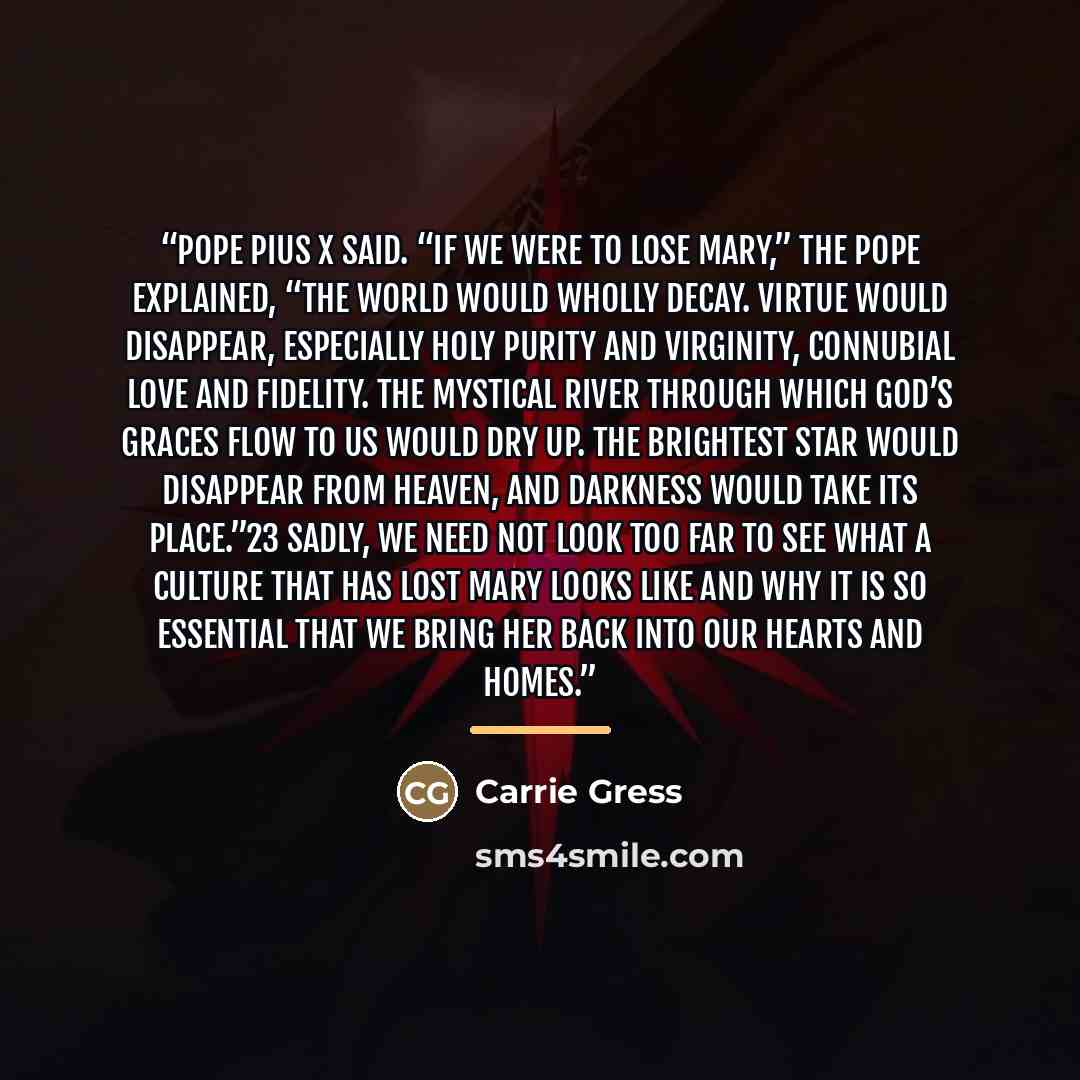 “Pope Pius X said. “If we were to lose Mary,” the pope explained, “the world would wholly decay. Virtue would disappear, especially holy purity and virginity, connubial love and fidelity. The mystical river through which God’s graces flow to us would dry up. The brightest star would disappear from…” quote by Carrie Gress