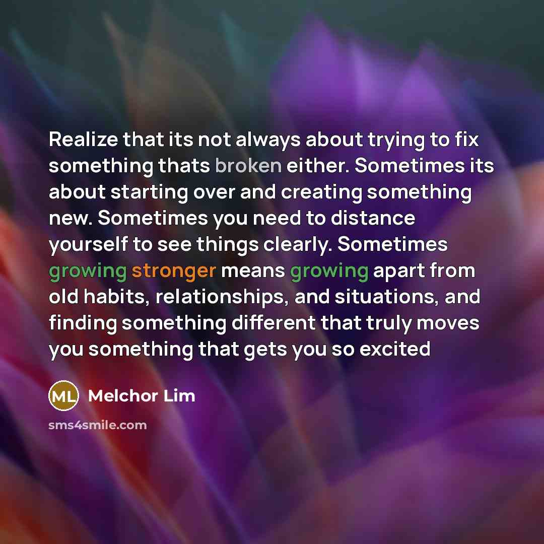 “Realize that its not always about trying to fix something thats broken either. Sometimes its about starting over and creating something new. Sometimes you need to distance yourself to see things clearly. Sometimes growing stronger means growing apart from old habits, relationships, and situations…” quote by Melchor Lim
