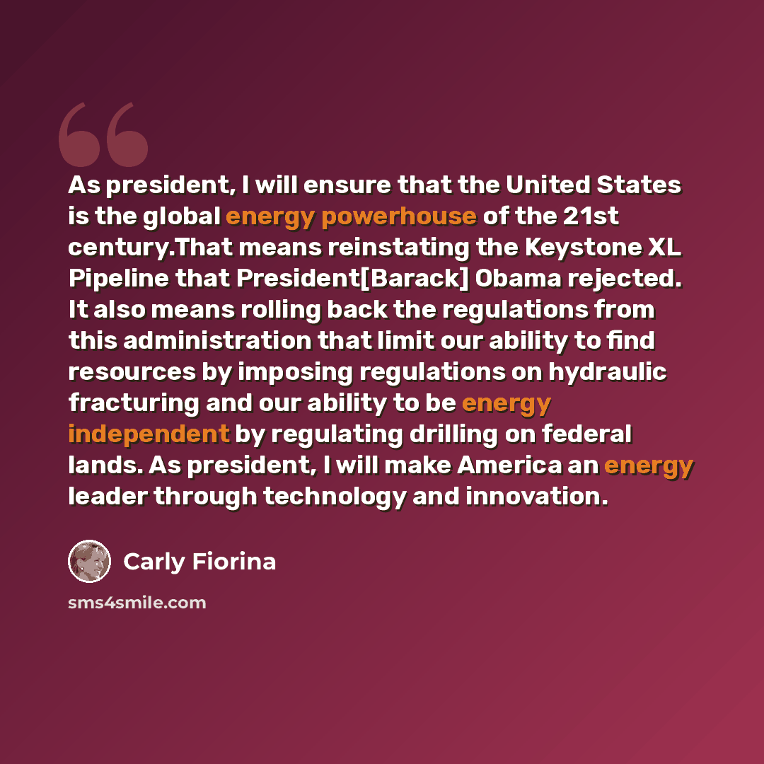 “As president, I will ensure that the United States is the global energy powerhouse of the 21st century.That means reinstating the Keystone XL Pipeline that President[Barack] Obama rejected. It also means rolling back the regulations from this administration that limit our ability to find resources…” quote by Carly Fiorina