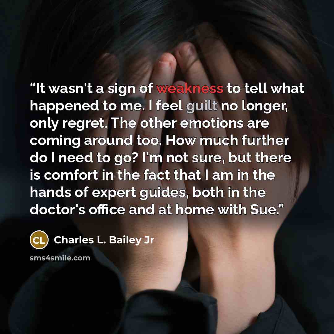 “It wasn't a sign of weakness to tell what happened to me. I feel guilt no longer, only regret. The other emotions are coming around too. How much further do I need to go? I'm not sure, but there is comfort in the fact that I am in the hands of expert guides, both in the doctor's office and at home…” quote by Charles L. Bailey Jr