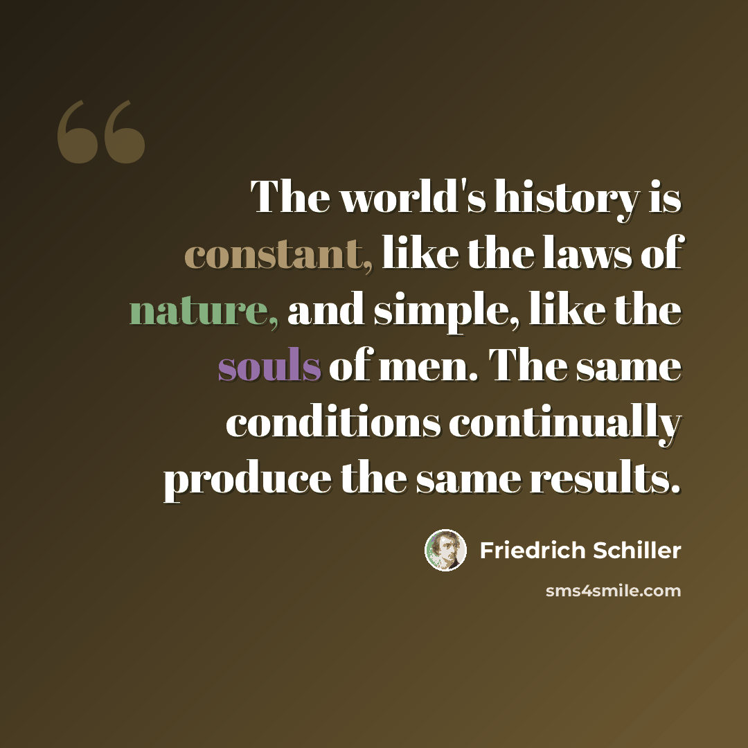 “The world's history is constant, like the laws of nature, and simple, like the souls of men. The same conditions continually produce the same results.” quote by Friedrich Schiller