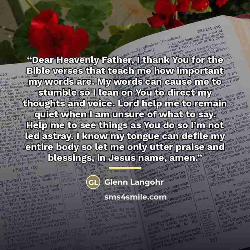 “Dear Heavenly Father, I thank You for the Bible verses that teach me how important my words are. My words can cause me to stumble so I lean on You to direct my thoughts and voice. Lord help me to remain quiet when I am unsure of what to say. Help me to see things as You do so I’m not led astray. I…” quote by Glenn Langohr