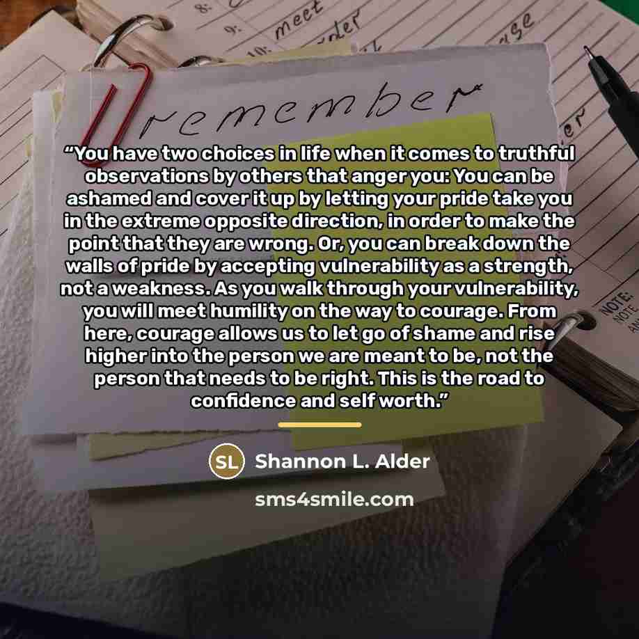 “You have two choices in life when it comes to truthful observations by others that anger you: You can be ashamed and cover it up by letting your pride take you in the extreme opposite direction, in order to make the point that they are wrong. Or, you can break down the walls of pride by accepting…” quote by Shannon L. Alder