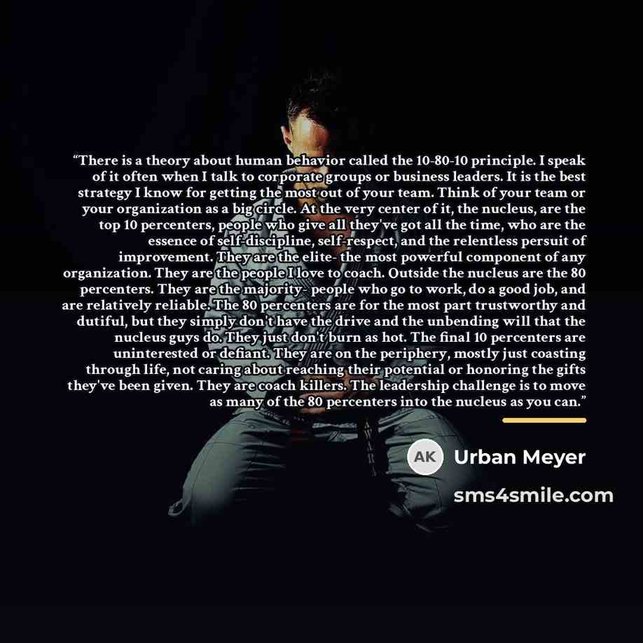 “There is a theory about human behavior called the 10-80-10 principle. I speak of it often when I talk to corporate groups or business leaders. It is the best strategy I know for getting the most out of your team. Think of your team or your organization as a big circle. At the very center of it…” quote by Urban Meyer